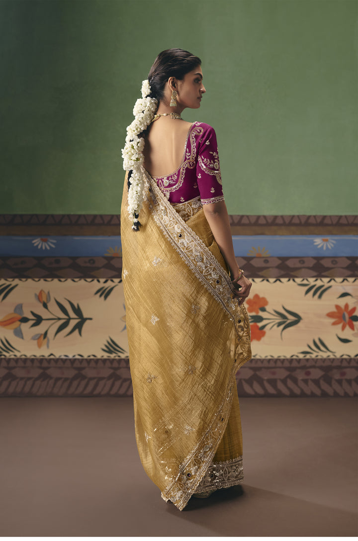 Mustard Gold Designer Embroidered Saree with Contrast Blouse