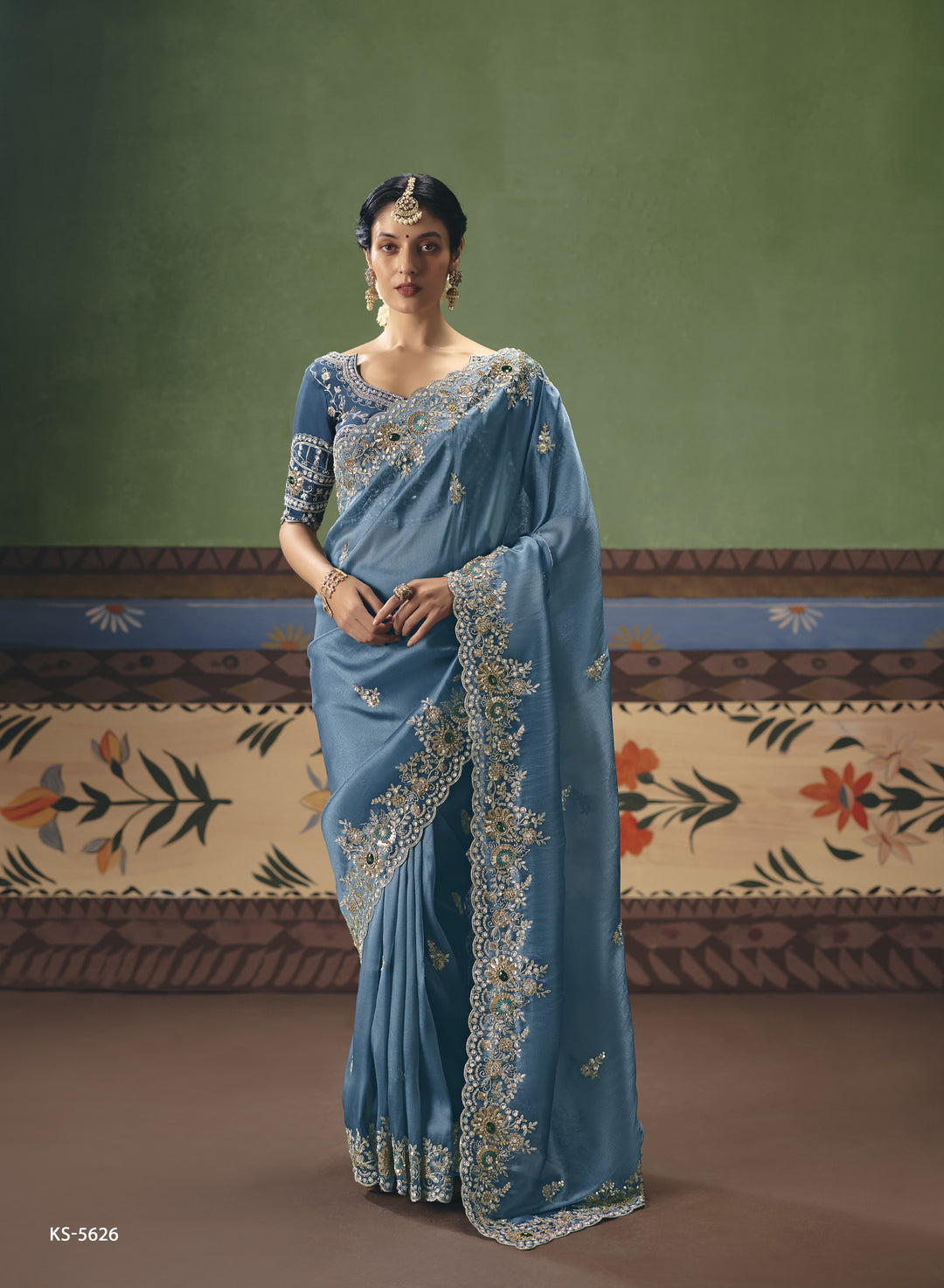 Dusty Blue Designer Embroidered Saree with Blouse