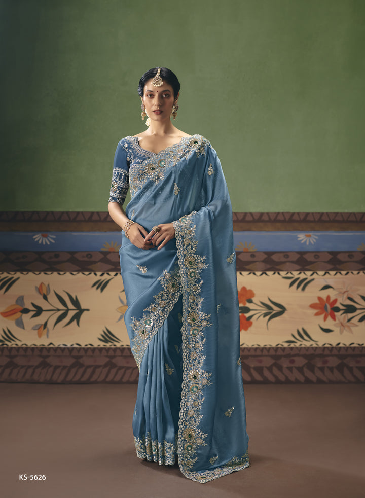 Dusty Blue Designer Embroidered Saree with Blouse