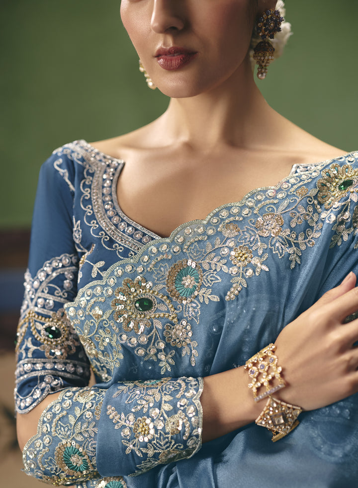Dusty Blue Designer Embroidered Saree with Blouse