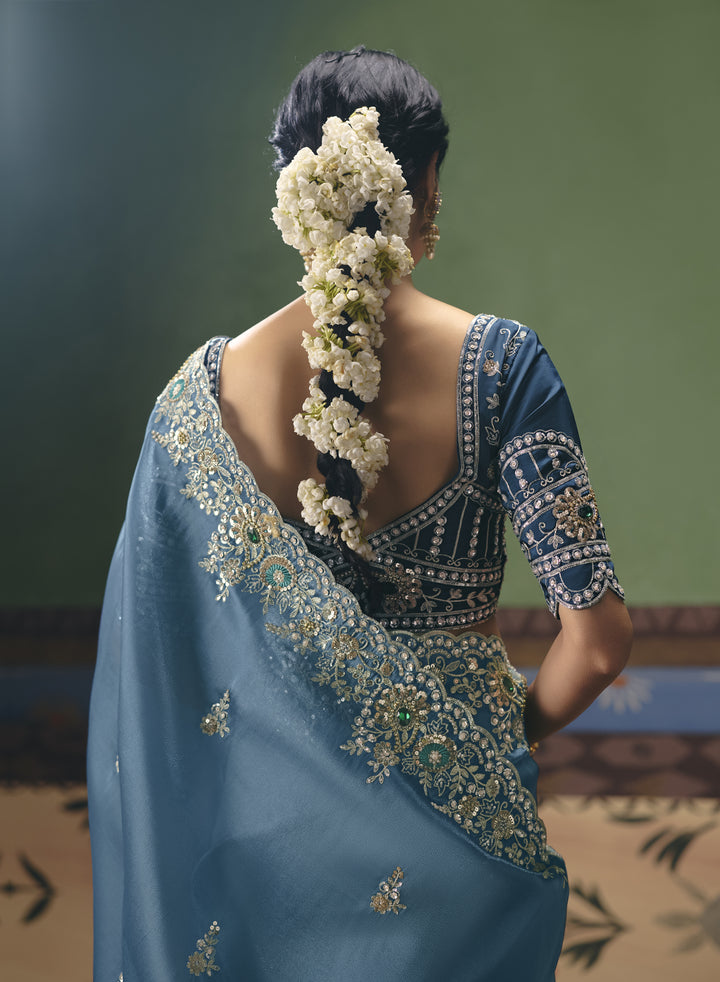 Dusty Blue Designer Embroidered Saree with Blouse
