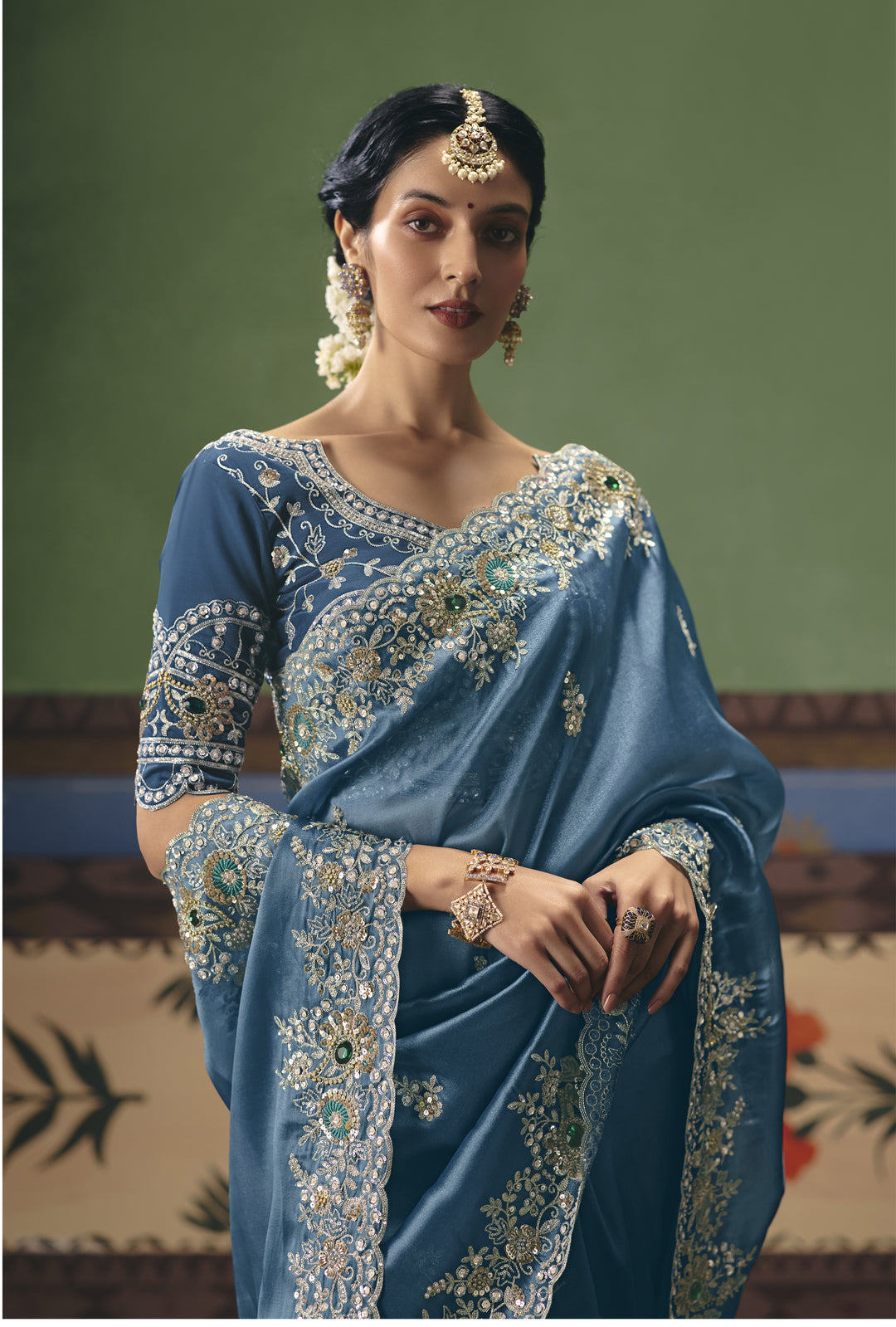 Dusty Blue Designer Embroidered Saree with Blouse