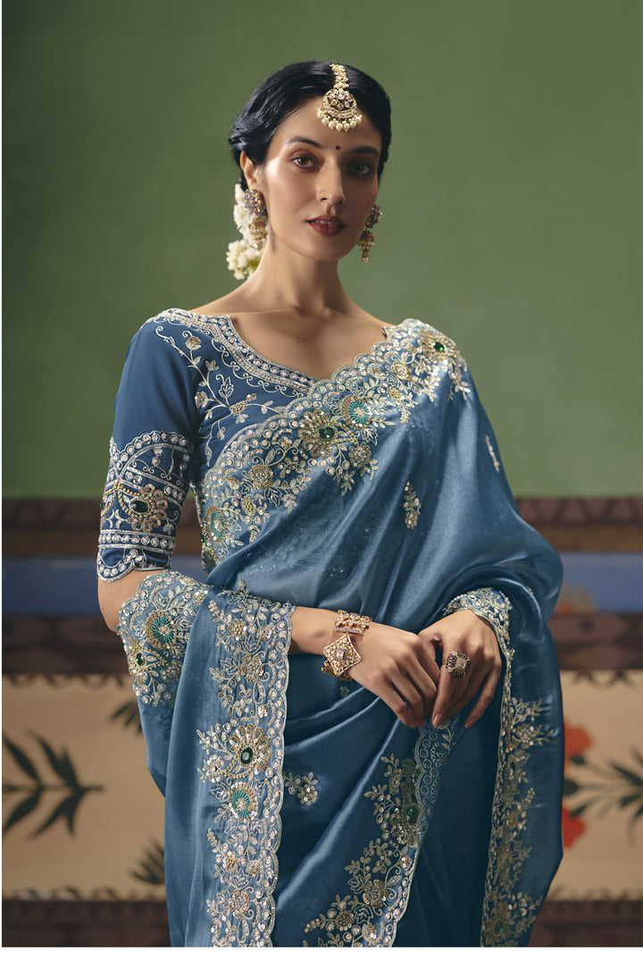 Dusty Blue Designer Embroidered Saree with Blouse