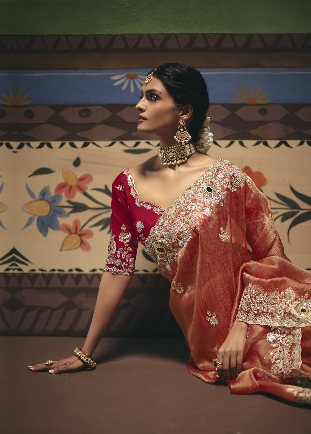 Peach Designer Embroidered Saree with Contrast Blouse