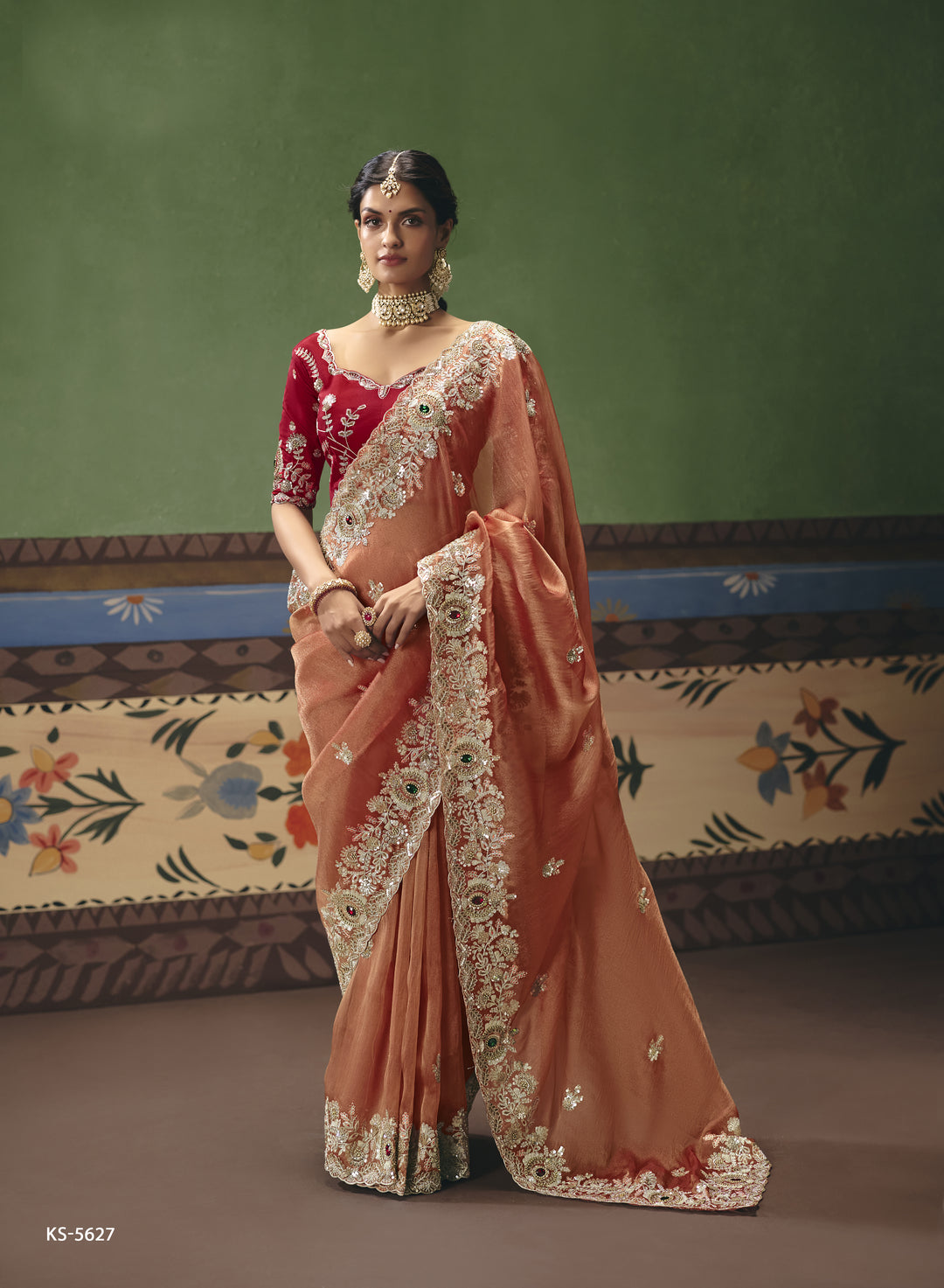 Peach Designer Embroidered Saree with Contrast Blouse