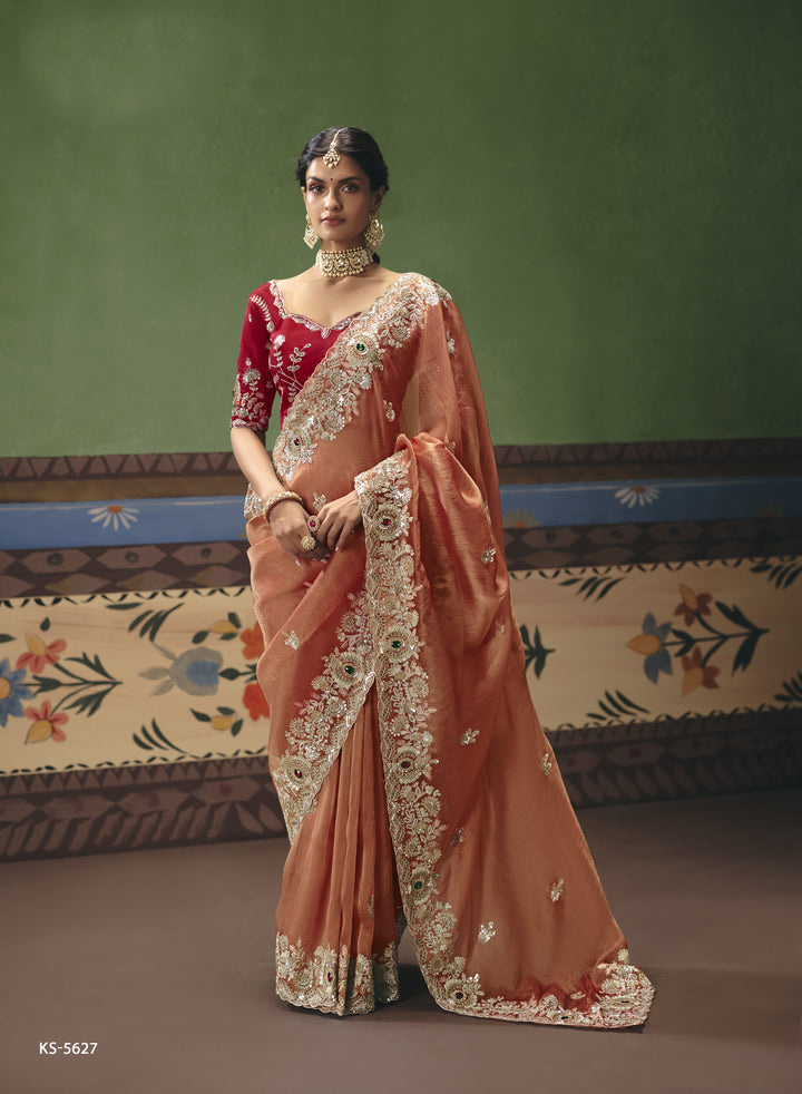 Peach Designer Embroidered Saree with Contrast Blouse