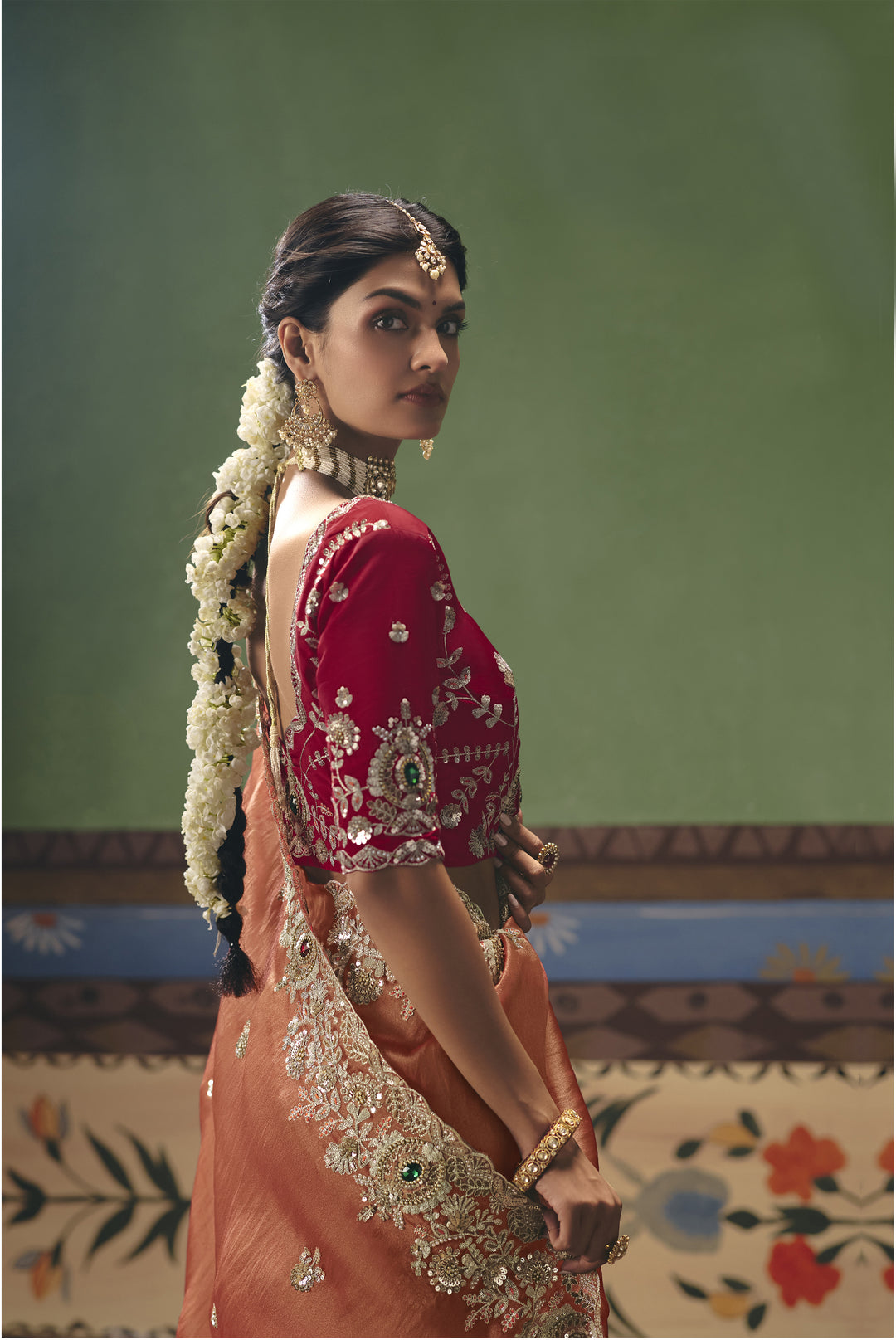 Peach Designer Embroidered Saree with Contrast Blouse