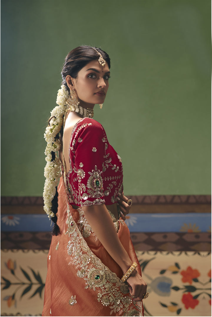 Peach Designer Embroidered Saree with Contrast Blouse
