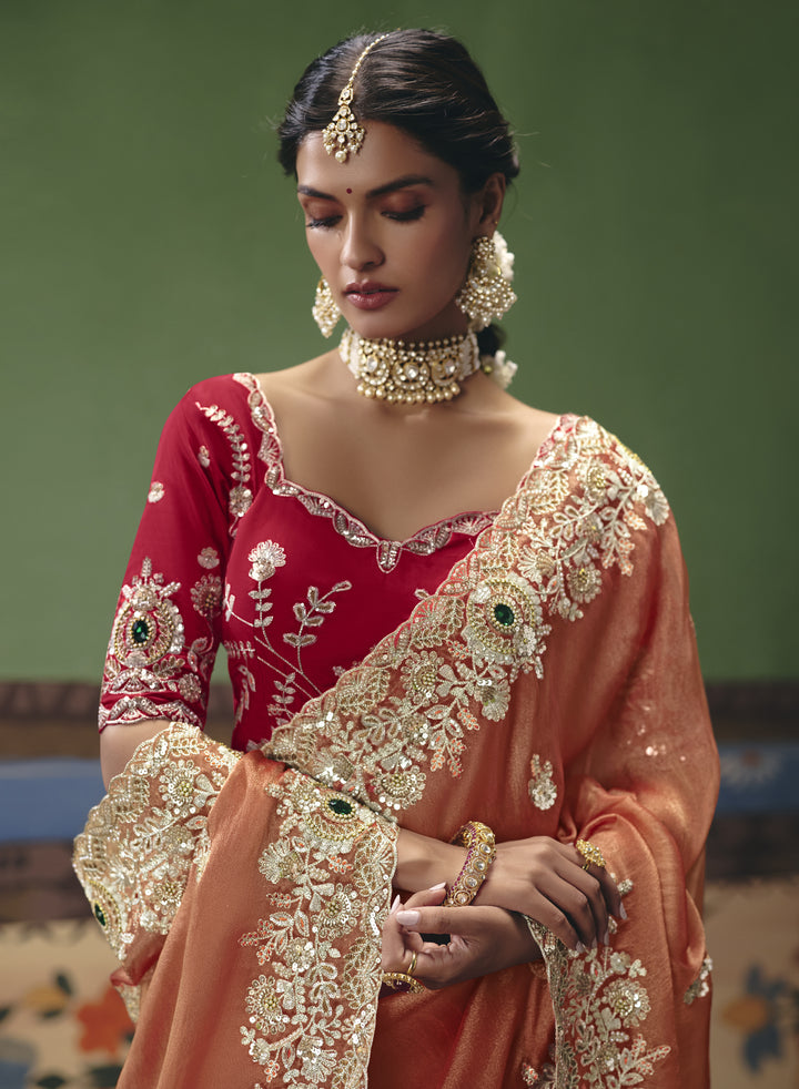 Peach Designer Embroidered Saree with Contrast Blouse