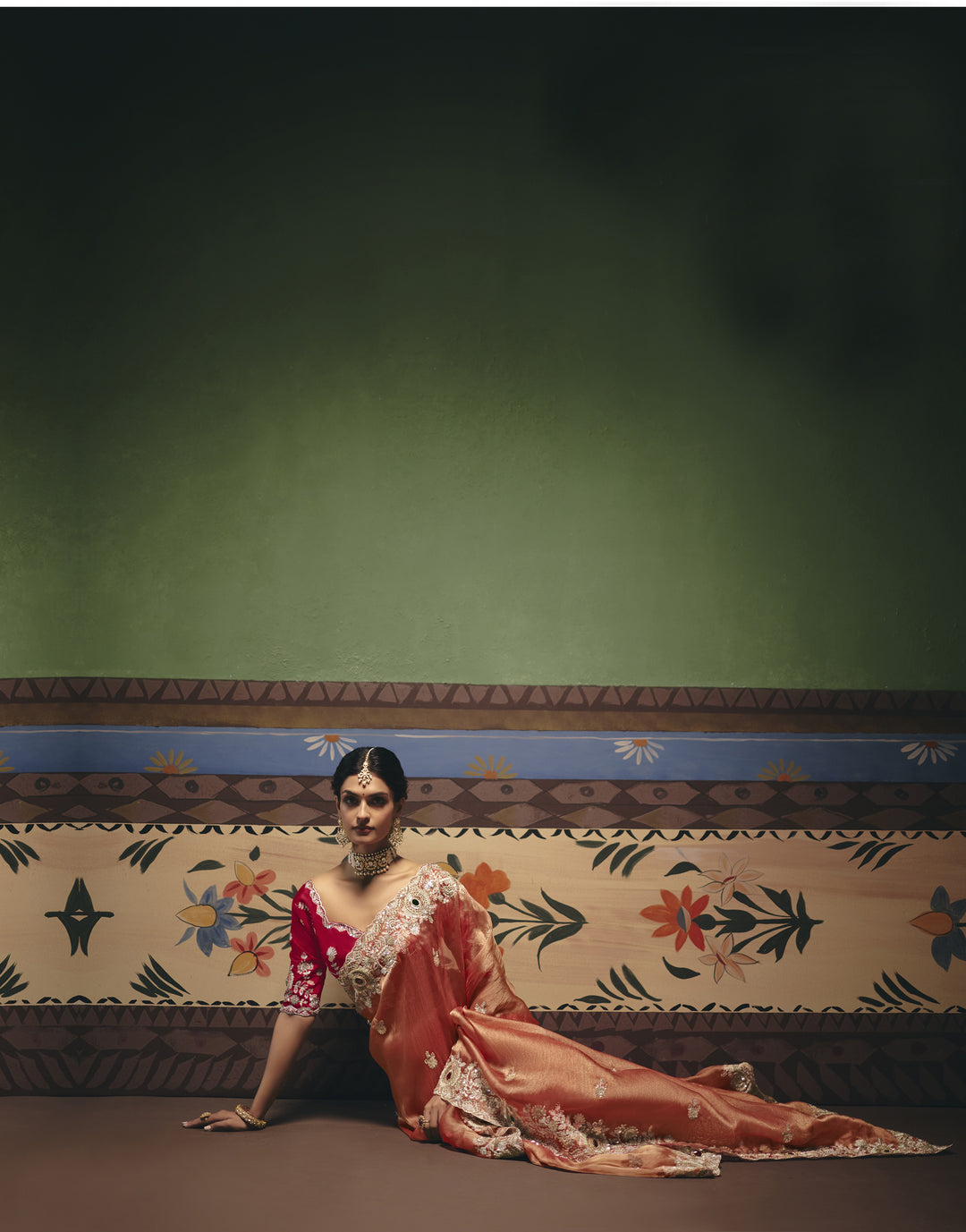 Peach Designer Embroidered Saree with Contrast Blouse