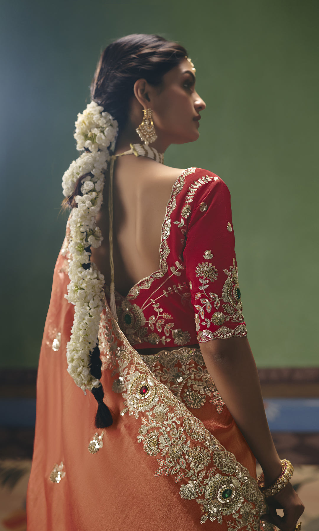 Peach Designer Embroidered Saree with Contrast Blouse