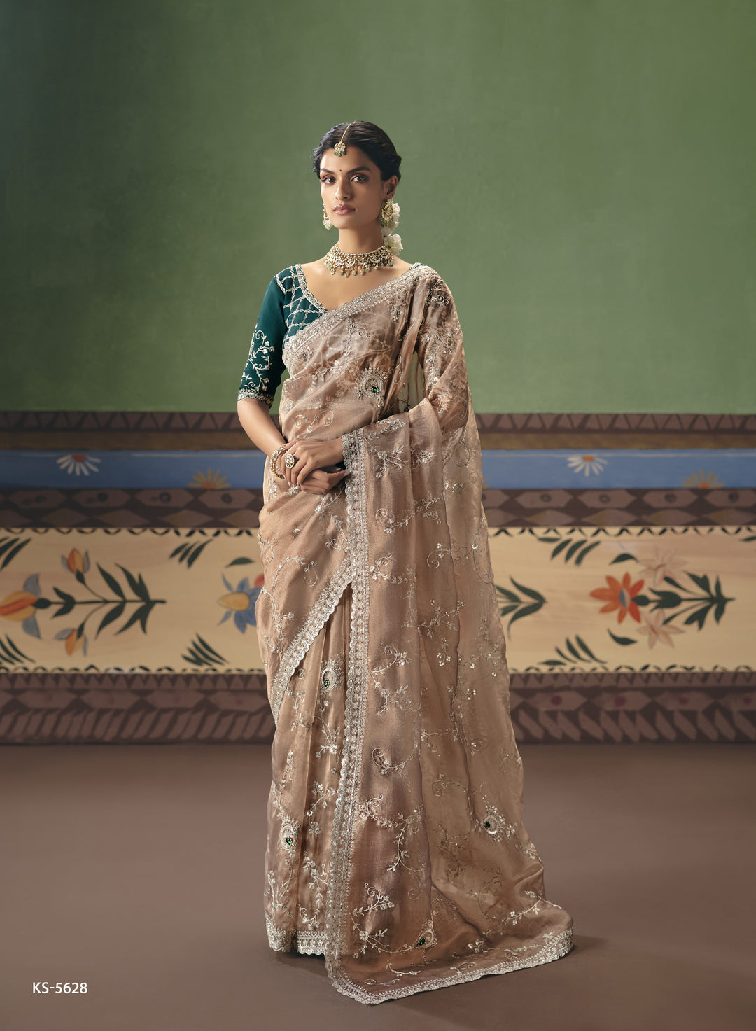 Champagne Beige Designer Embroidered Saree with Contrast Blouse