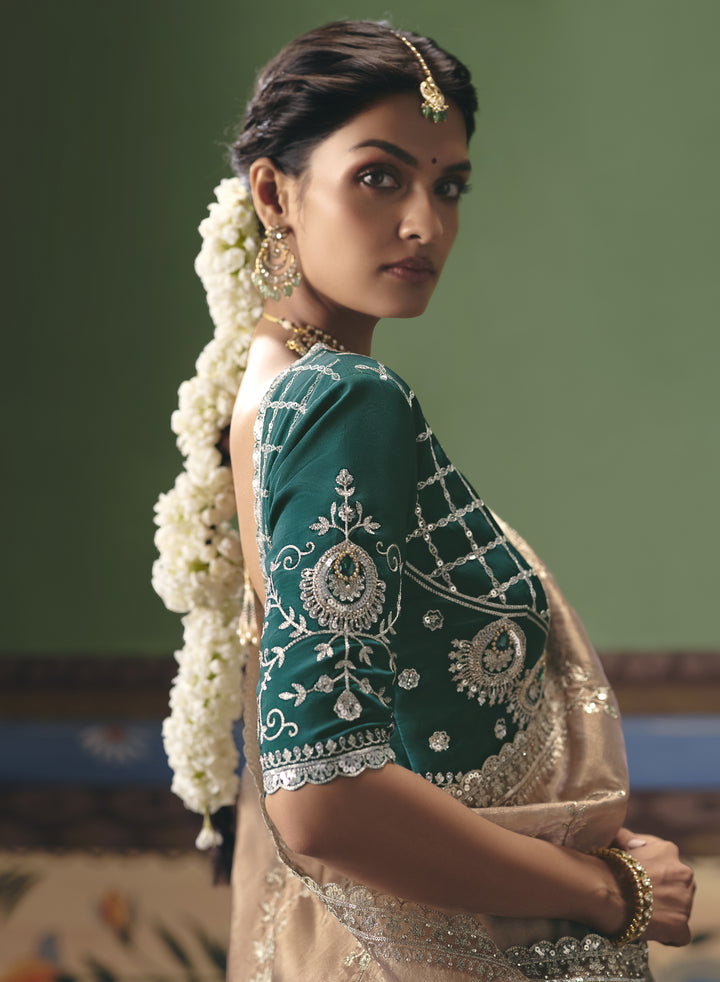 Champagne Beige Designer Embroidered Saree with Contrast Blouse