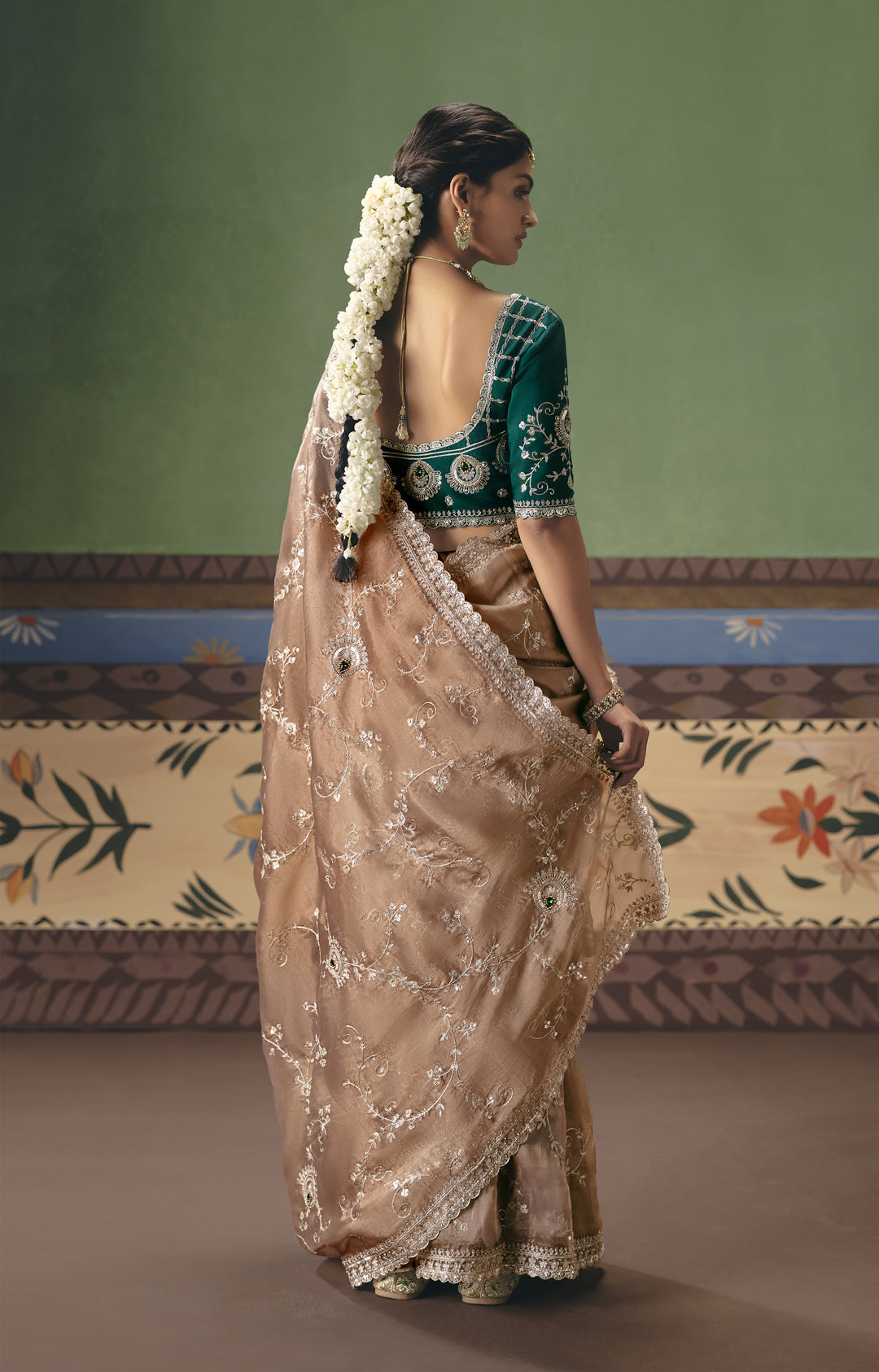 Champagne Beige Designer Embroidered Saree with Contrast Blouse