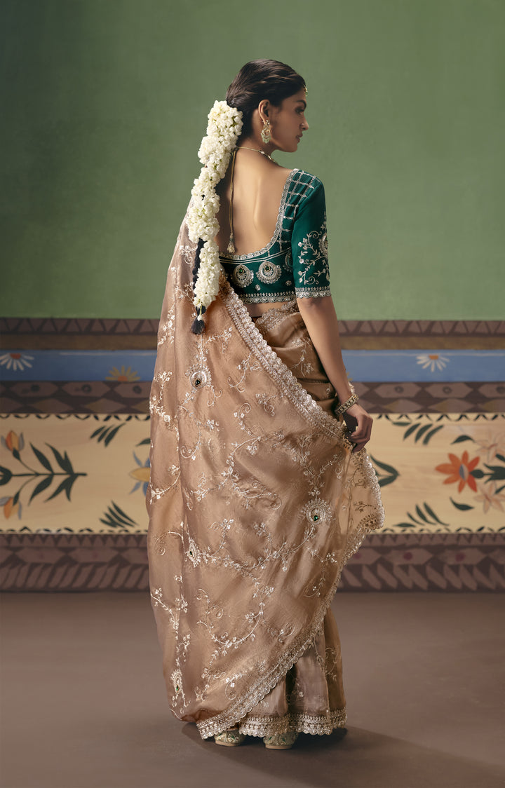 Champagne Beige Designer Embroidered Saree with Contrast Blouse