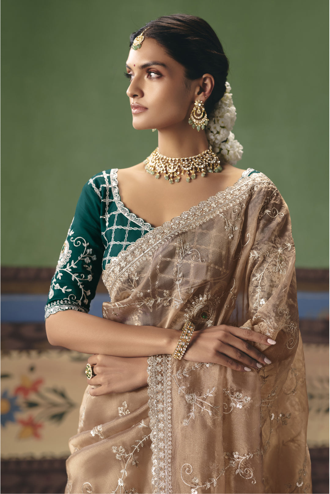 Champagne Beige Designer Embroidered Saree with Contrast Blouse