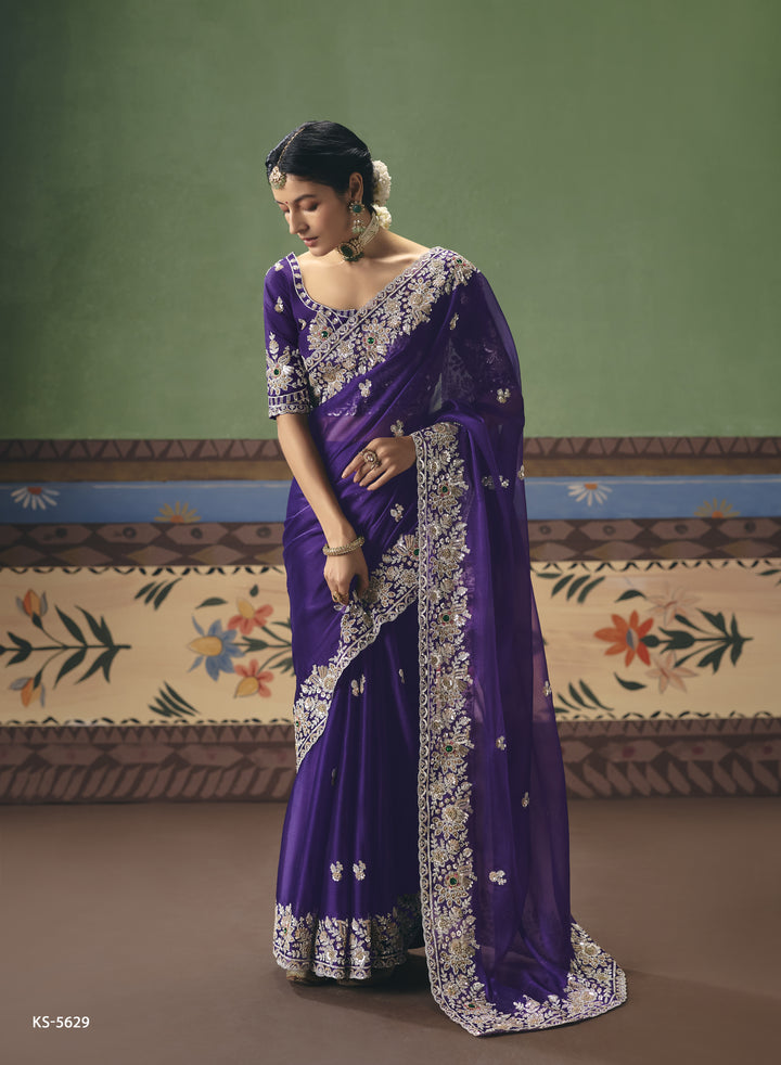 Royal Purple Designer Embroidered Saree with Blouse