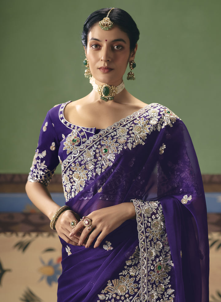 Royal Purple Designer Embroidered Saree with Blouse
