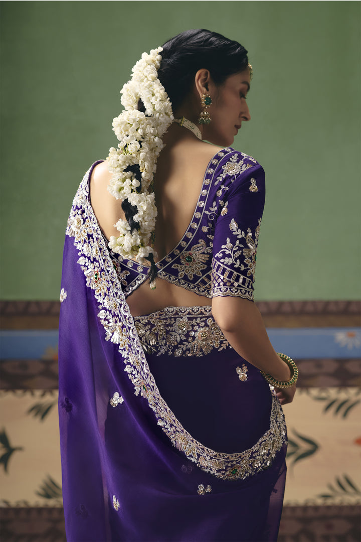 Royal Purple Designer Embroidered Saree with Blouse