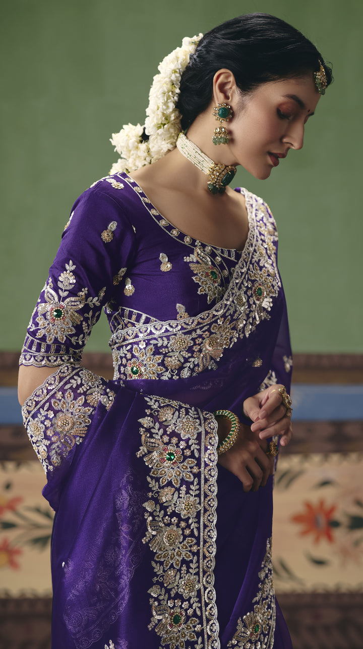 Royal Purple Designer Embroidered Saree with Blouse