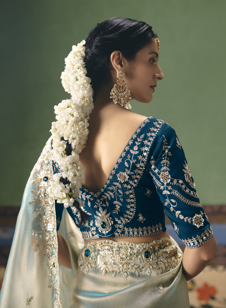 Mint Blue Designer Embroidered Saree with Contrast Blouse