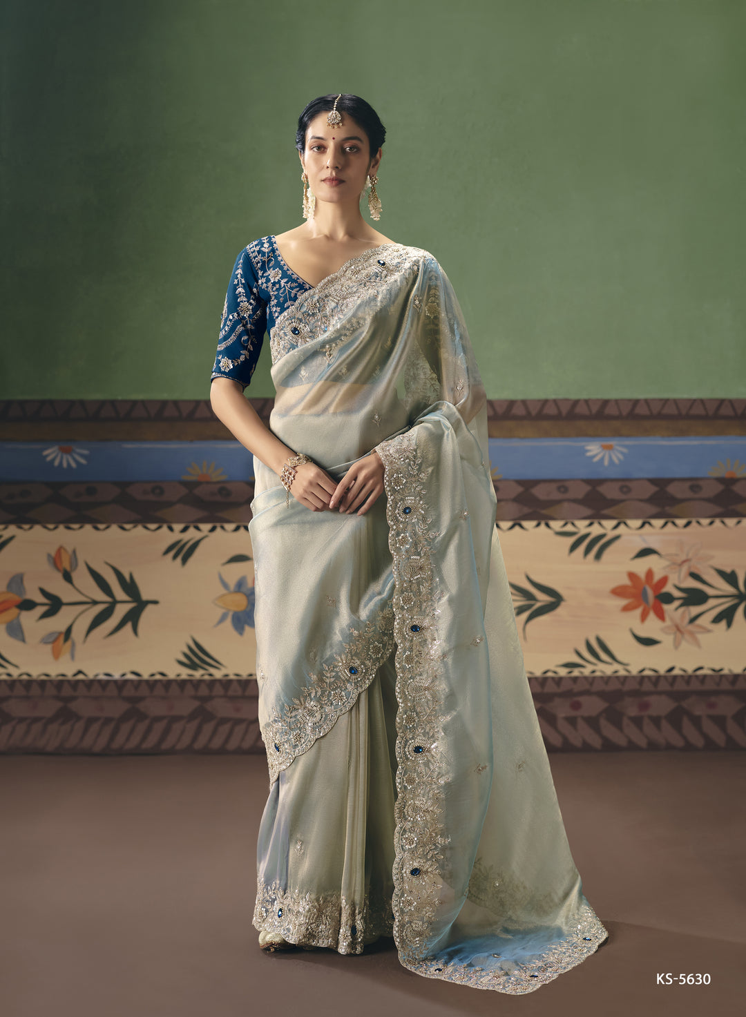 Mint Blue Designer Embroidered Saree with Contrast Blouse