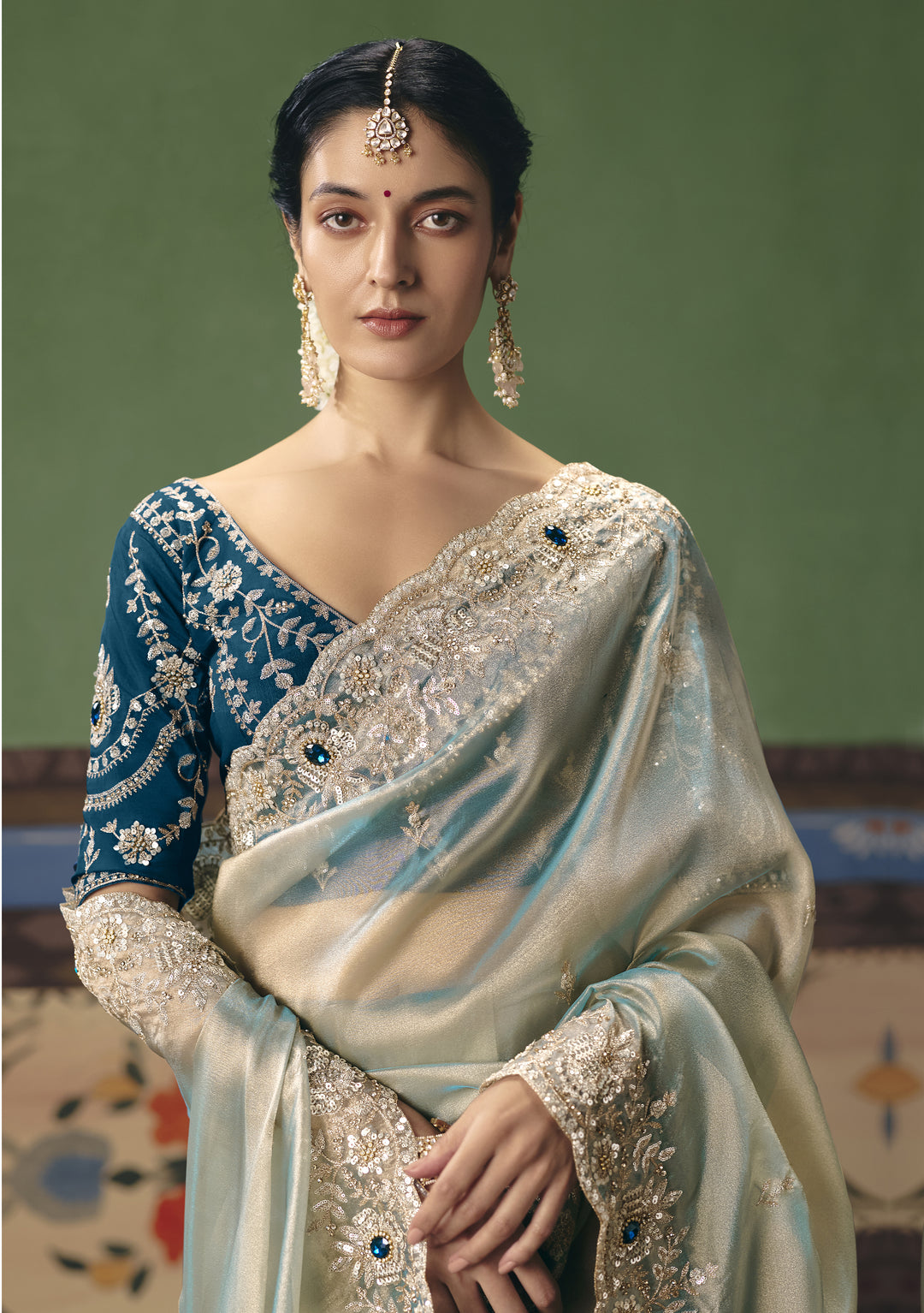 Mint Blue Designer Embroidered Saree with Contrast Blouse