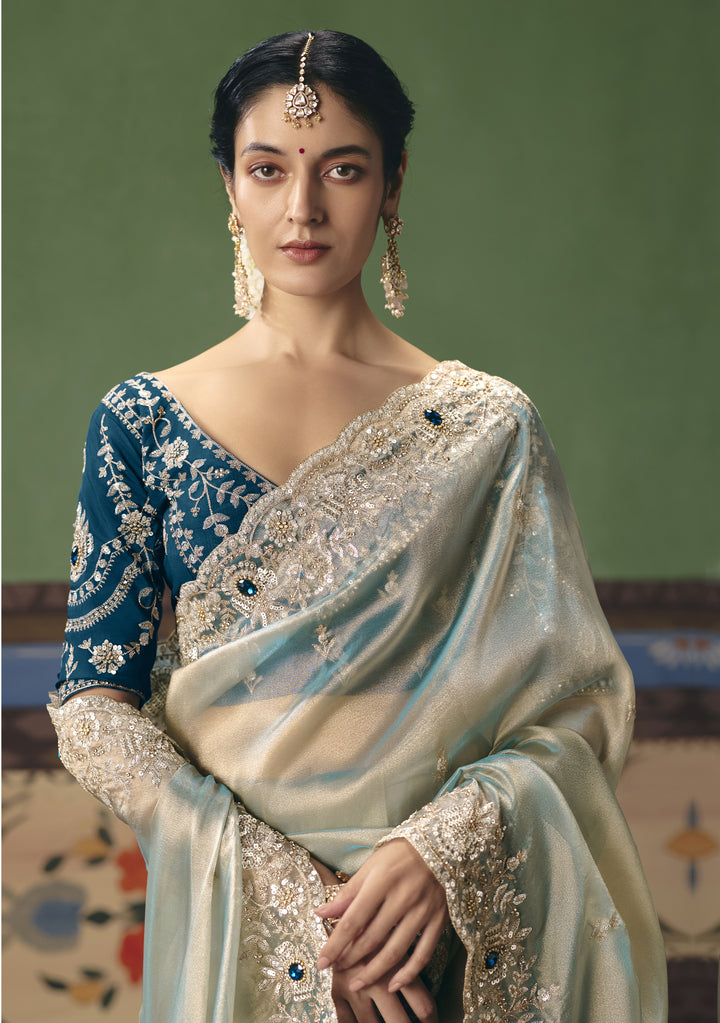Mint Blue Designer Embroidered Saree with Contrast Blouse