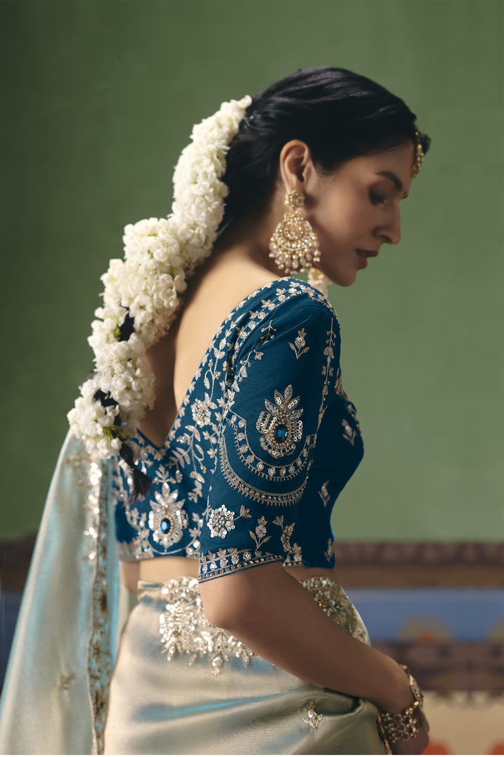 Mint Blue Designer Embroidered Saree with Contrast Blouse