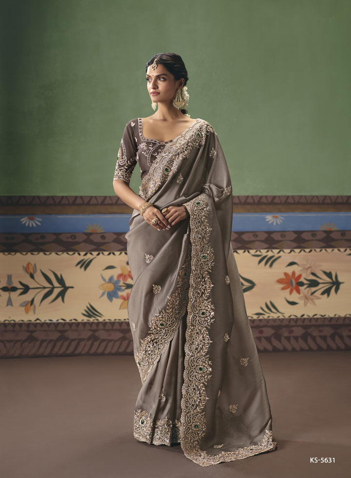 Steel Grey Designer Embroidered Saree with Blouse