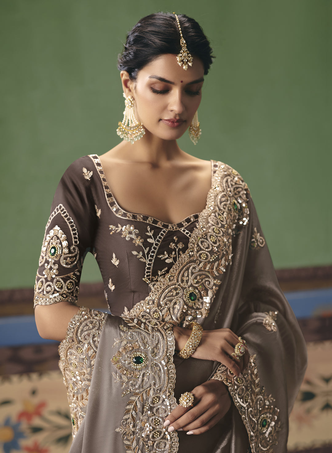 Steel Grey Designer Embroidered Saree with Blouse