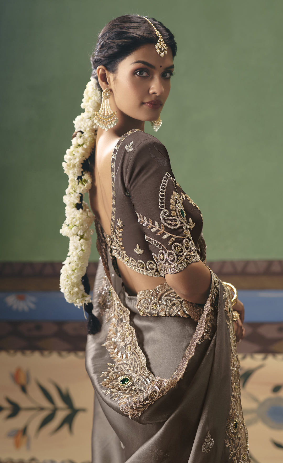Steel Grey Designer Embroidered Saree with Blouse
