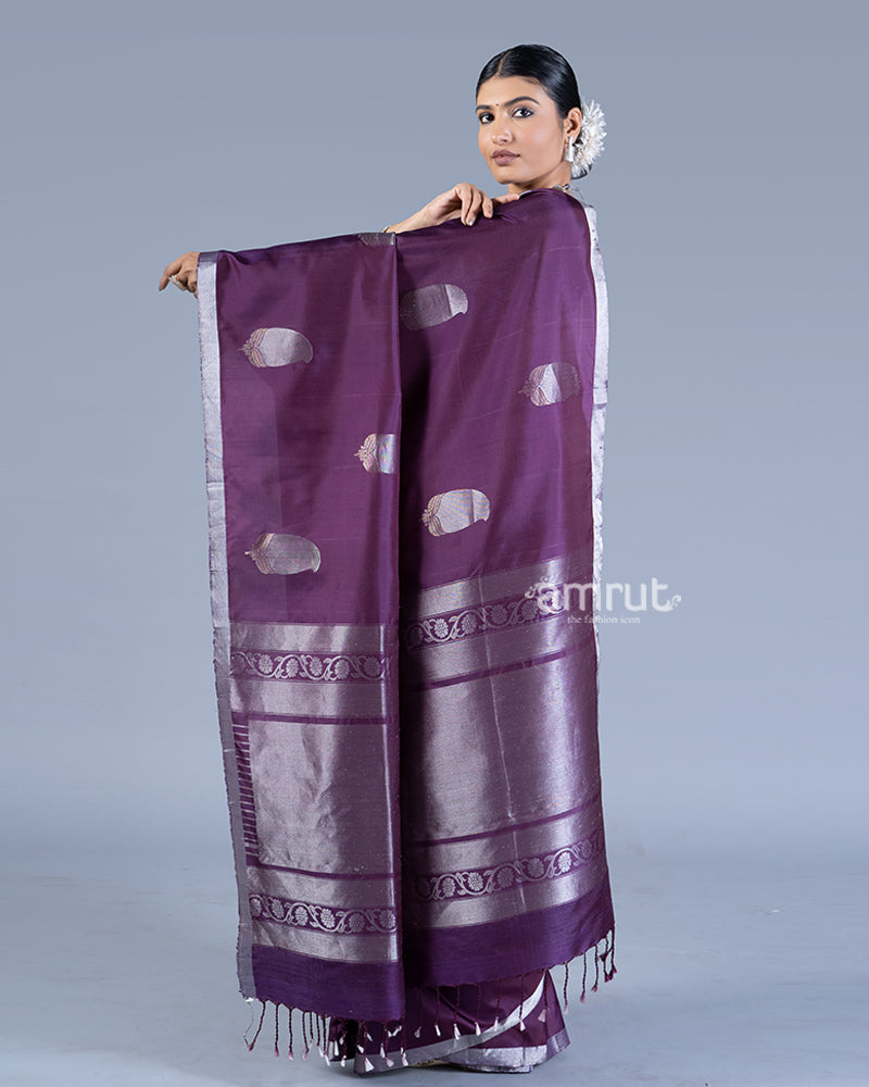 Deep Purple with Silver Zari Leaf Embroidery Saree with unstitched blouse