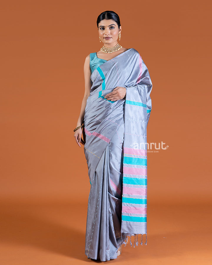 Light Gray with Teal and Dusty Rose Stripes Silk Saree with unstitched blouse