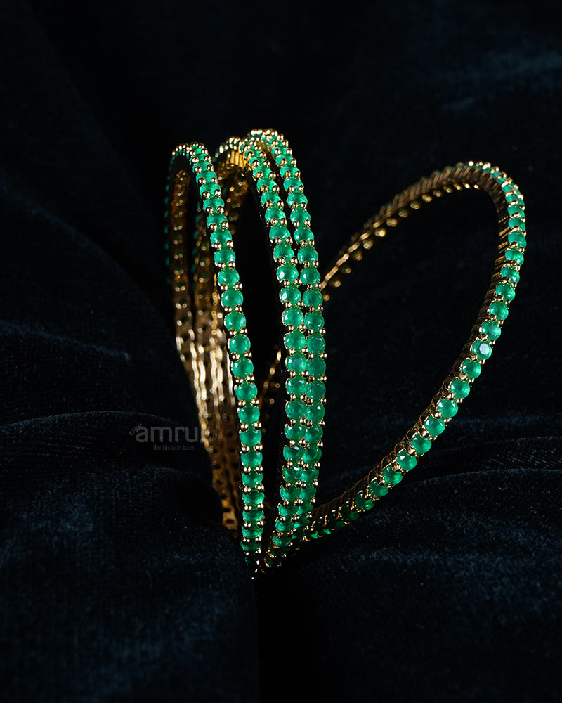 Gold-Toned Green Emerald-Colored Stones Four Bangle Set