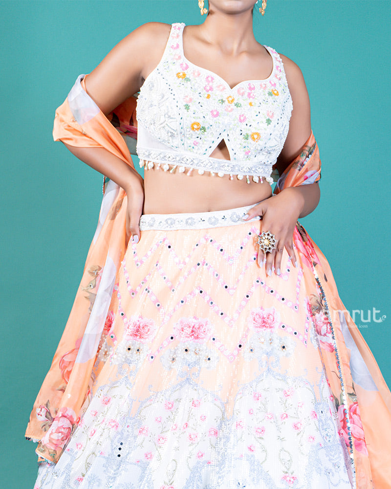 Sequin-Embellished Lehenga Choli with Floral Embroidery and Translucent Peach Dupatta