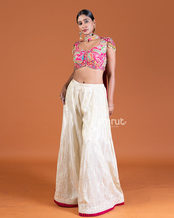 Magenta Crop Top with Embroidered Palazzo Pants and Choker Dupatta