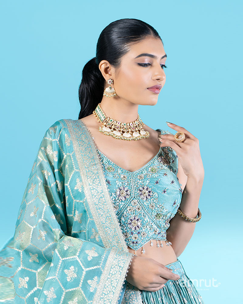 Teal Floral Embroidered Lehenga Choli with Hexagonal Pattern Dupatta