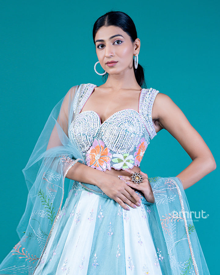 Embellished Crop Top with Sweetheart Neckline and Layered Lehenga in White and Light Teal