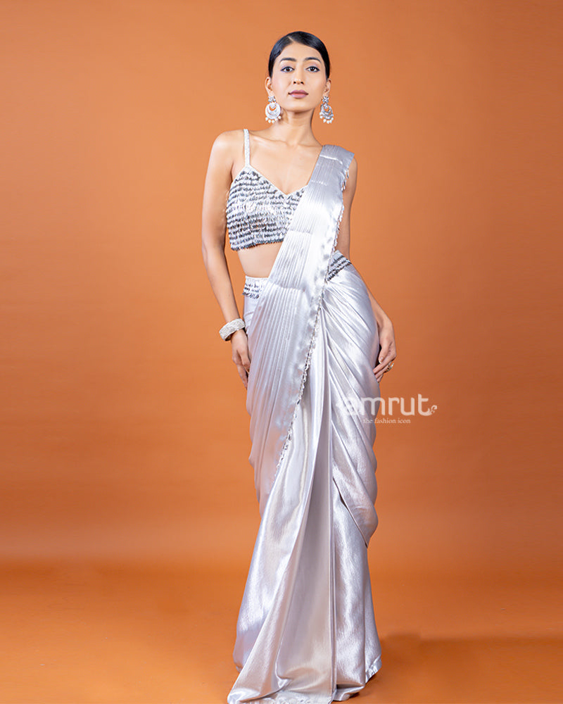 Silver Plain Ready-to-Wear Saree with Designer Blouse