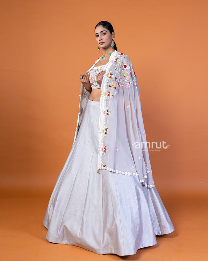 Light Gray Embroidered Lehenga Choli and Shrug Style Floral Lace Dupatta