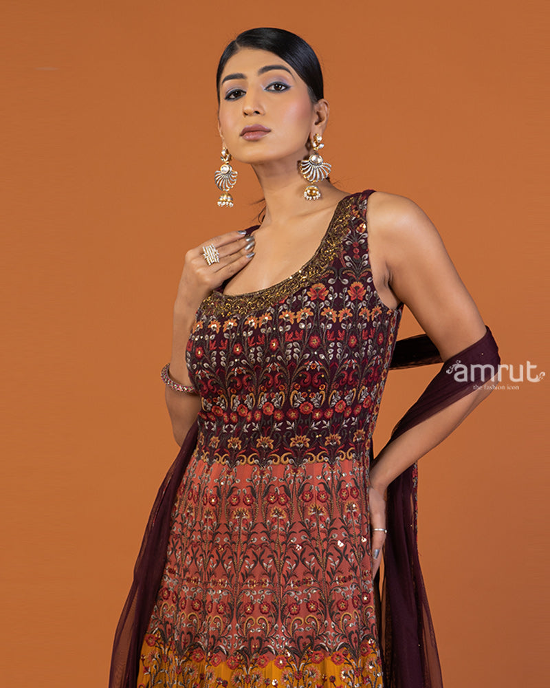 Maroon Floral Embroidered Kurti with Palazzo and Dupatta