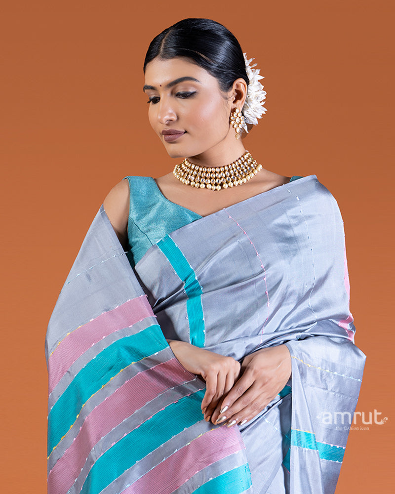 Light Gray with Teal and Dusty Rose Stripes Silk Saree with unstitched blouse