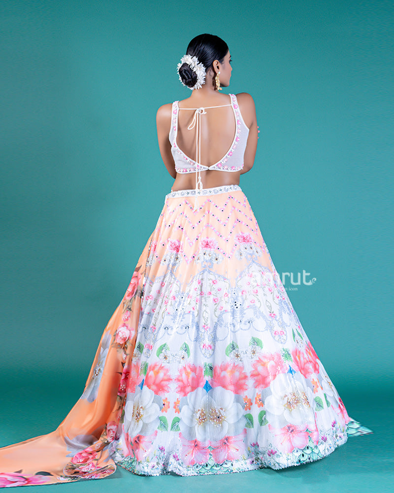 Sequin-Embellished Lehenga Choli with Floral Embroidery and Translucent Peach Dupatta