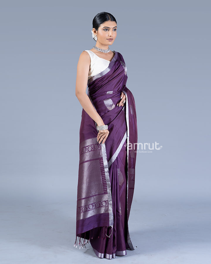 Deep Purple with Silver Zari Leaf Embroidery Saree with unstitched blouse