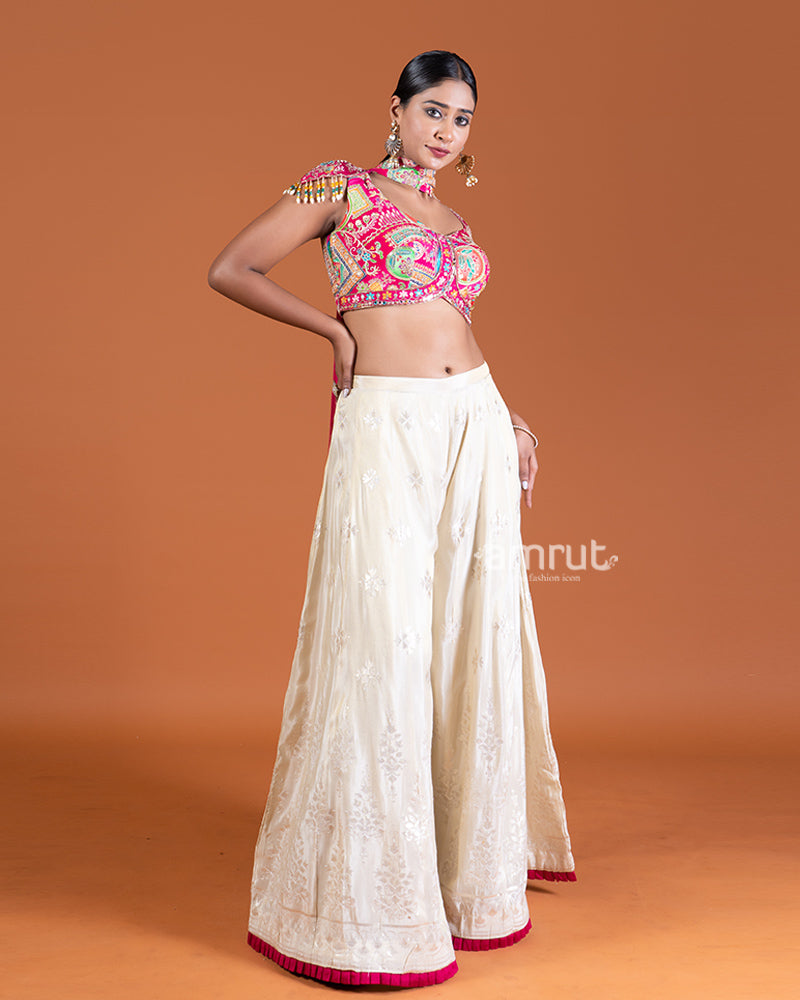 Magenta Crop Top with Embroidered Palazzo Pants and Choker Dupatta