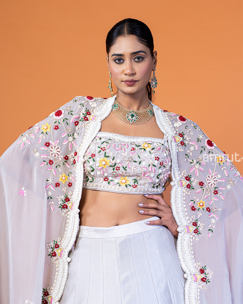 Light Gray Embroidered Lehenga Choli and Shrug Style Floral Lace Dupatta