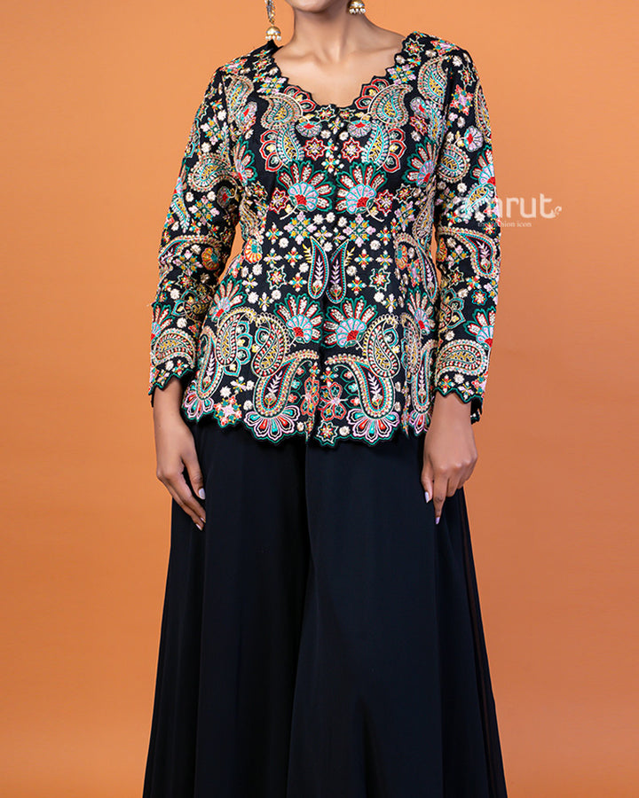 Black Embroidered Plum Top with Flowing Sharara Pants