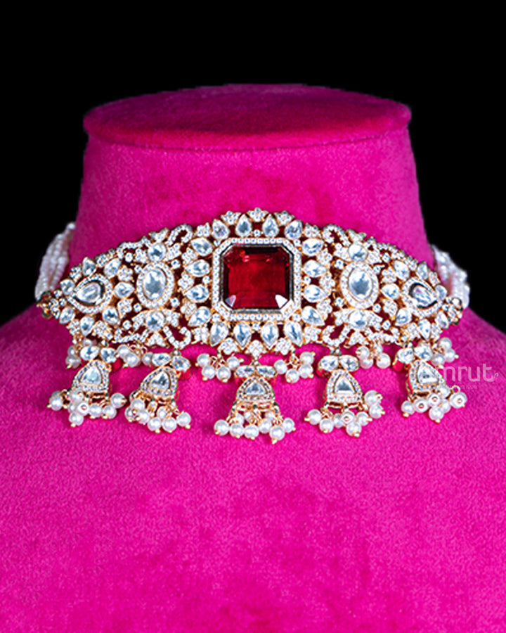 Gold-Toned Choker Necklace with Emerald Red Gemstone, Diamonds, Beaded Pendants, and Earrings Set