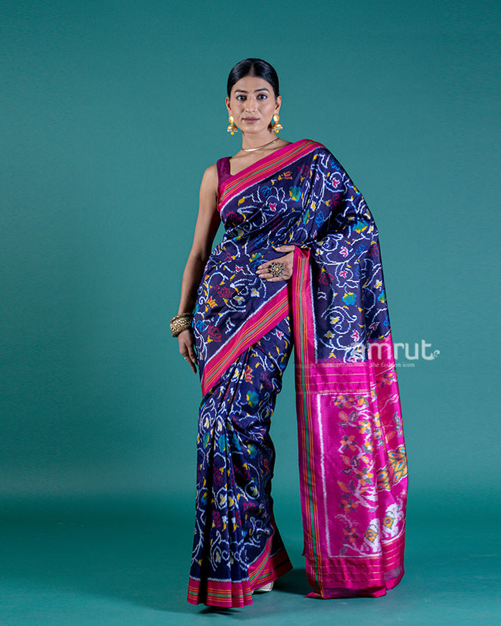 Navy Blue Ikat Patola Print Saree with Contrast Pink Pallu and Unstitched Blouse